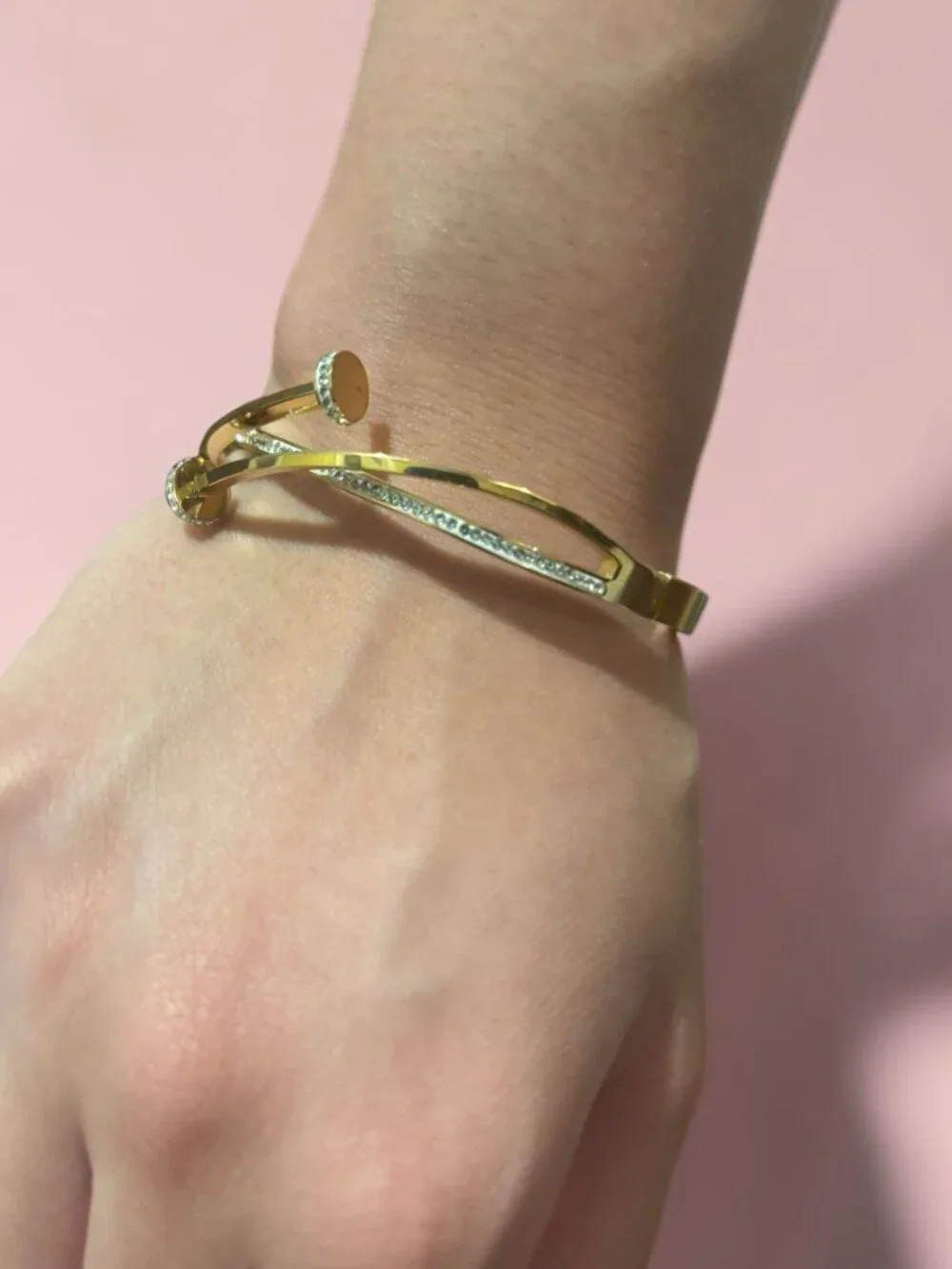 Women 18K Gold-Plated Crystal Pavé Nail Bangle Bracelet (H)